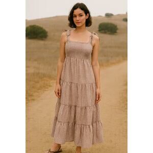 Crescent Cotton Gingham Tiered Midi Dress Tie Straps Cottagecore Sz Small